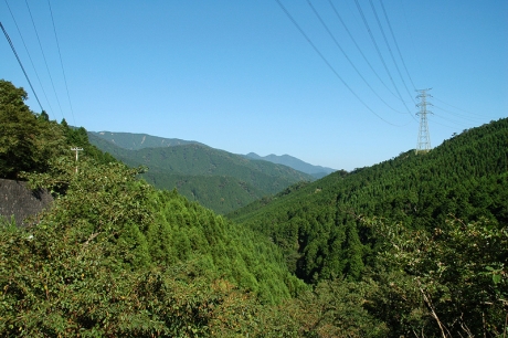 重なる尾根の向こうに丹沢三峰が見える